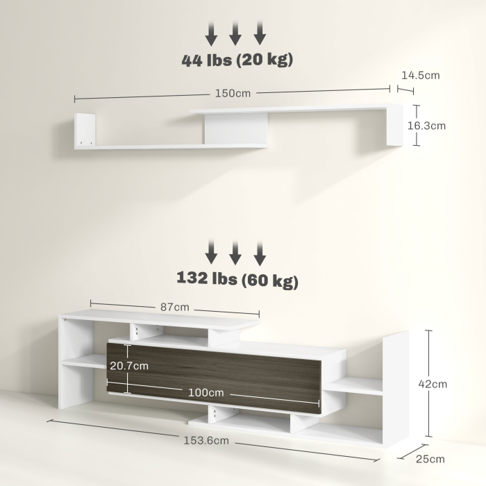  Mobilier TV cu Raft de Perete, Rafturi Deschise si Dulapior din Lemn, Mobilier TV Modern, 153,6x25x42 cm, Alb [3]