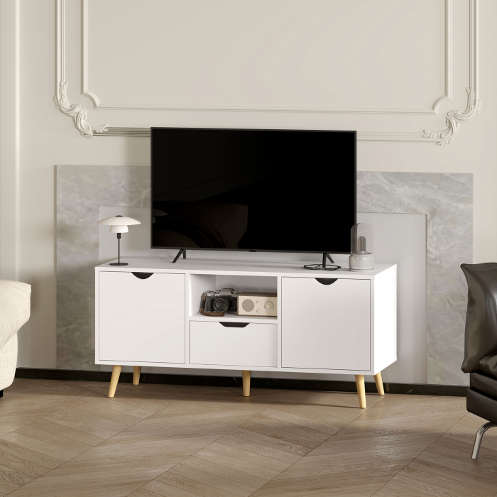  Mobilier TV de 50" cu Sertar, Raft Deschis si 2 Dulapuri, Mobilier TV cu 5 Picioare din Lemn, 110x40x50 cm, Alb [8]