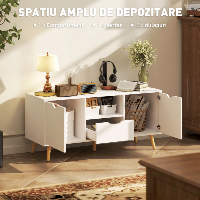  Mobilier TV de 50" cu Sertar, Raft Deschis si 2 Dulapuri, Mobilier TV cu 5 Picioare din Lemn, 110x40x50 cm, Alb [4]