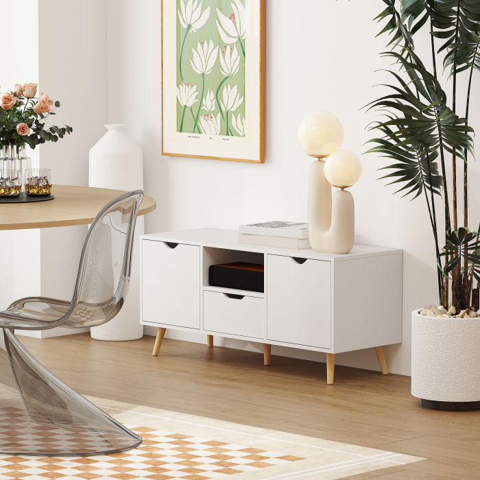  Mobilier TV de 50" cu Sertar, Raft Deschis si 2 Dulapuri, Mobilier TV cu 5 Picioare din Lemn, 110x40x50 cm, Alb [7]