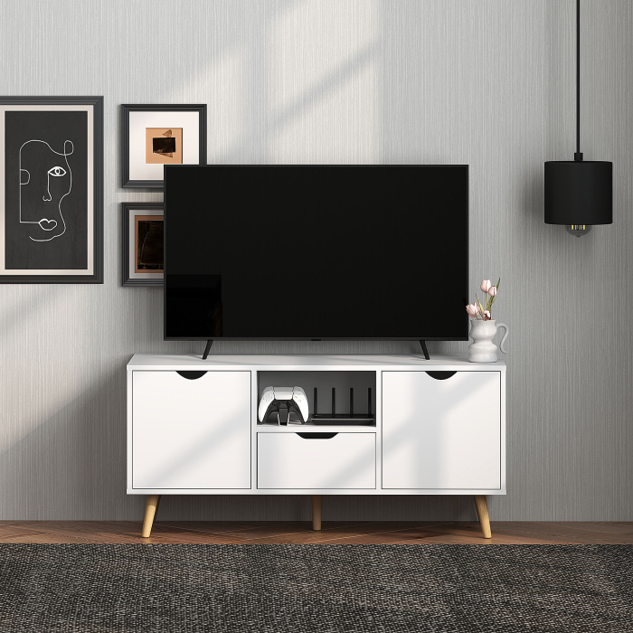  Mobilier TV de 50" cu Sertar, Raft Deschis si 2 Dulapuri, Mobilier TV cu 5 Picioare din Lemn, 110x40x50 cm, Alb [9]
