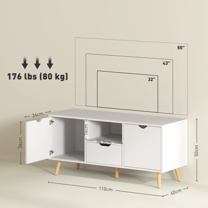  Mobilier TV de 50" cu Sertar, Raft Deschis si 2 Dulapuri, Mobilier TV cu 5 Picioare din Lemn, 110x40x50 cm, Alb [3]