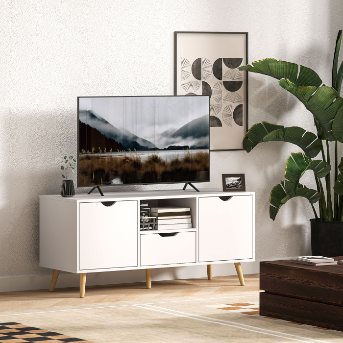 Mobilier TV de 50" cu Sertar, Raft Deschis si 2 Dulapuri, Mobilier TV cu 5 Picioare din Lemn, 110x40x50 cm, Alb [2]