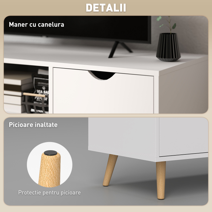  Mobilier TV de 50" cu Sertar, Raft Deschis si 2 Dulapuri, Mobilier TV cu 5 Picioare din Lemn, 110x40x50 cm, Alb [5]