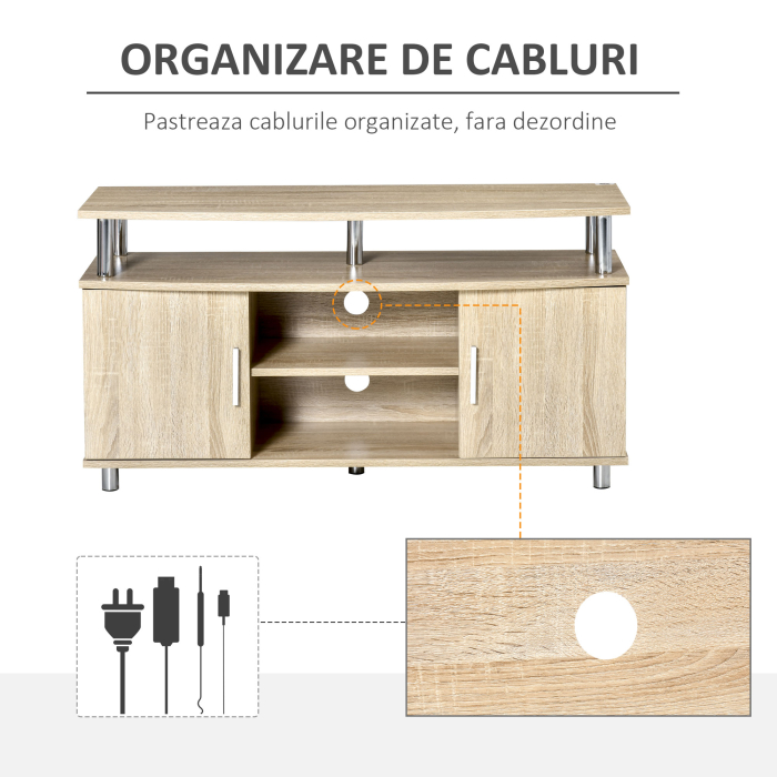  Mobilier TV Modern cu 2 Rafturi, Gauri cablu si 2 Dulapioare in PAL 105x40x55cm Stejar [5]