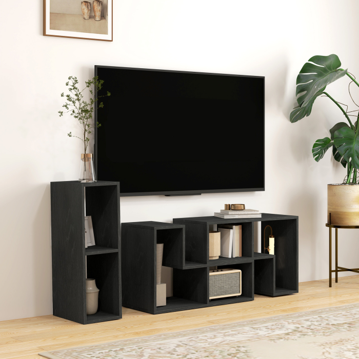 Mobilier TV modulabil pentru televizoare de pana la 75" cu 2 rafturi in forma de L si polita dreptunghiulara, din lemn, 134-180x30,5x44 cm, negru [2]