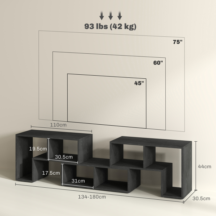  Mobilier TV modulabil pentru televizoare de pana la 75" cu 2 rafturi in forma de L si polita dreptunghiulara, din lemn, 134-180x30,5x44 cm, negru [3]