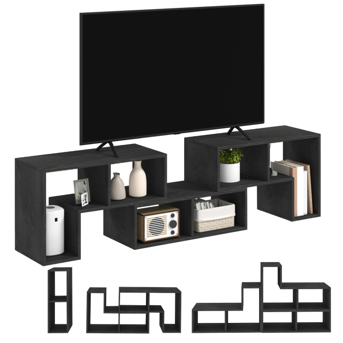  Mobilier TV modulabil pentru televizoare de pana la 75" cu 2 rafturi in forma de L si polita dreptunghiulara, din lemn, 134-180x30,5x44 cm, negru [8]