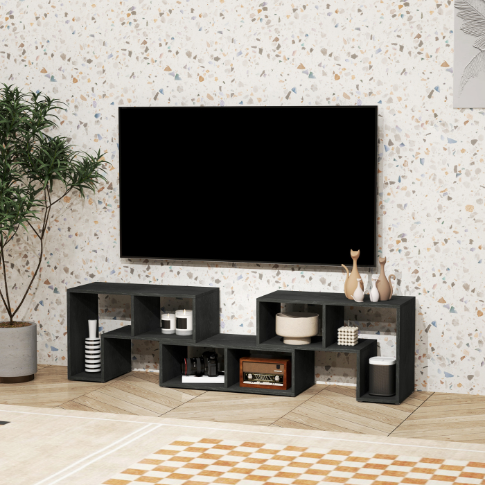  Mobilier TV modulabil pentru televizoare de pana la 75" cu 2 rafturi in forma de L si polita dreptunghiulara, din lemn, 134-180x30,5x44 cm, negru [6]