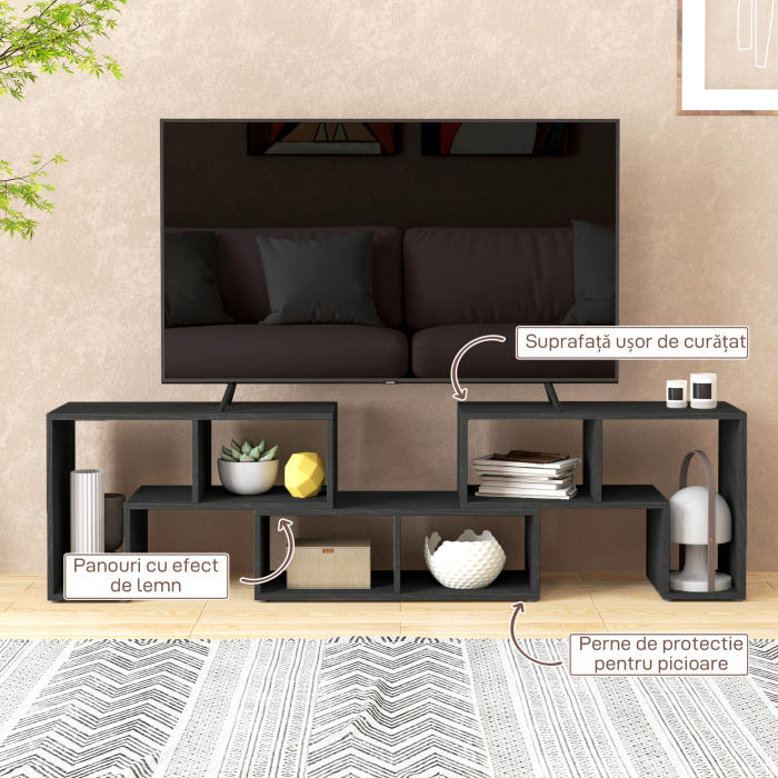  Mobilier TV modulabil pentru televizoare de pana la 75" cu 2 rafturi in forma de L si polita dreptunghiulara, din lemn, 134-180x30,5x44 cm, negru [7]