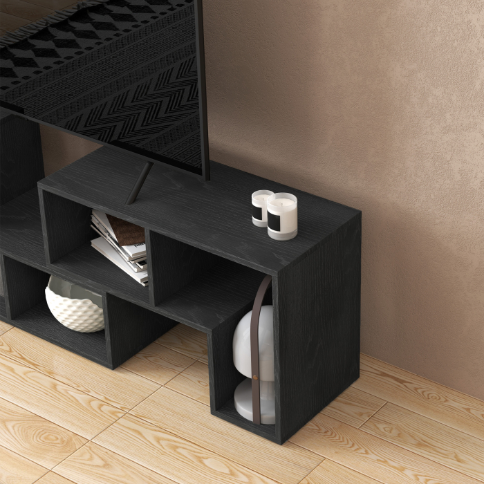 Mobilier TV modulabil pentru televizoare de pana la 75" cu 2 rafturi in forma de L si polita dreptunghiulara, din lemn, 134-180x30,5x44 cm, negru [9]