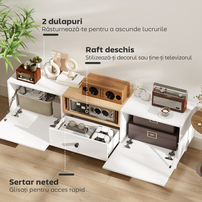  Mobilier TV, Suport TV pana la 70" cu 2 Usi Rabatabile, Balamale Soft Close, Sertar, Raft Deschis, 8 Picioare, 150x35x45 cm, Alb si Lemn [4]
