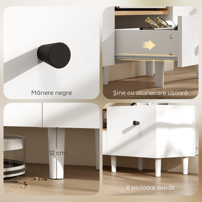  Mobilier TV, Suport TV pana la 70" cu 2 Usi Rabatabile, Balamale Soft Close, Sertar, Raft Deschis, 8 Picioare, 150x35x45 cm, Alb si Lemn [7]