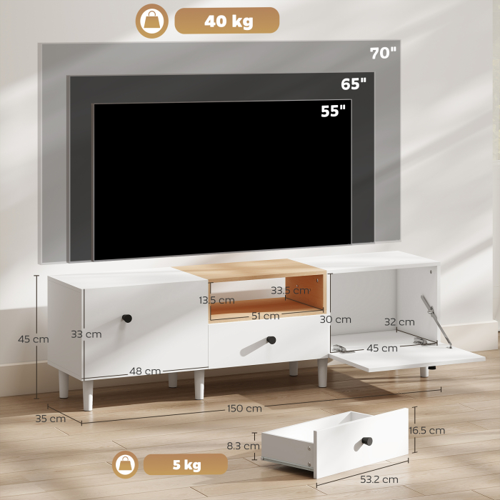  Mobilier TV, Suport TV pana la 70" cu 2 Usi Rabatabile, Balamale Soft Close, Sertar, Raft Deschis, 8 Picioare, 150x35x45 cm, Alb si Lemn [3]
