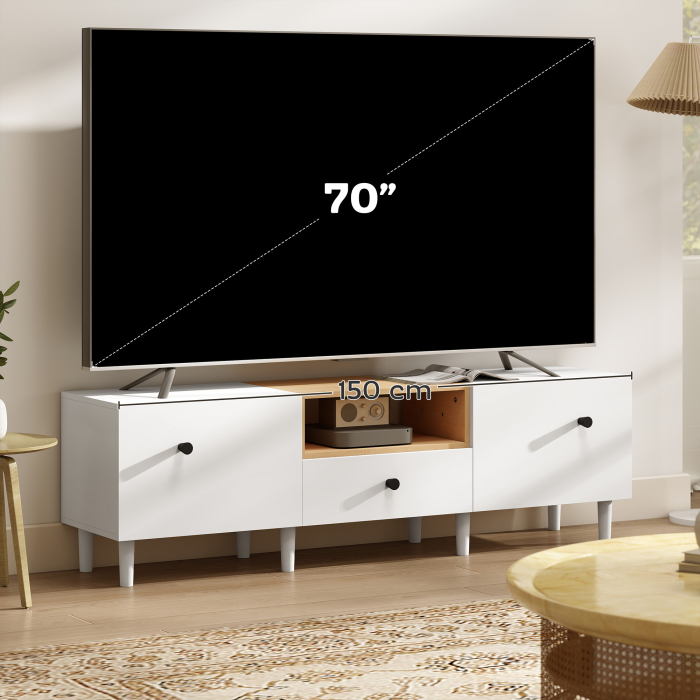 Mobilier TV, Suport TV pana la 70" cu 2 Usi Rabatabile, Balamale Soft Close, Sertar, Raft Deschis, 8 Picioare, 150x35x45 cm, Alb si Lemn [5]