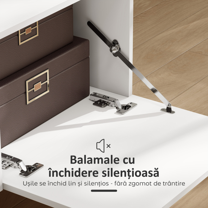  Mobilier TV, Suport TV pana la 70" cu 2 Usi Rabatabile, Balamale Soft Close, Sertar, Raft Deschis, 8 Picioare, 150x35x45 cm, Alb si Lemn [6]