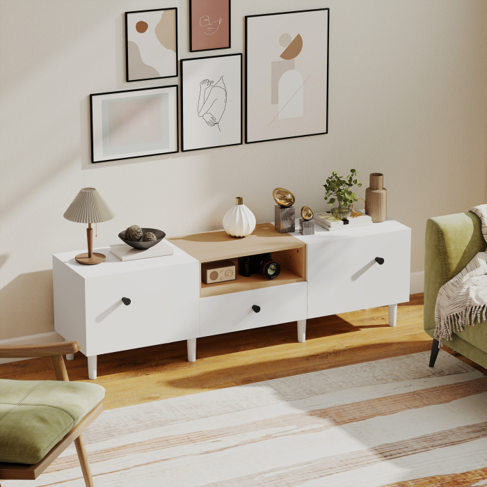  Mobilier TV, Suport TV pana la 70" cu 2 Usi Rabatabile, Balamale Soft Close, Sertar, Raft Deschis, 8 Picioare, 150x35x45 cm, Alb si Lemn [9]