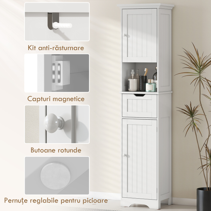  Mobilier Vertical de Baie Slim cu 2 Dulapuri cu Usi, LED cu Senzor, Mobilier Compact cu Raft Deschis, Sertar, Picioare Reglabile, 40x30x170 cm, Alb [7]