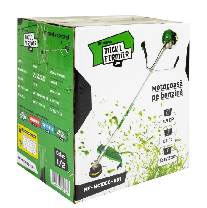 Motocoasa Micul Fermier MF-MC1006-G01, 4.5CP, 62CC, Benzina 2 Timpi, Pornire Rapida, Teava 28Mm, 3 Accesorii [3]