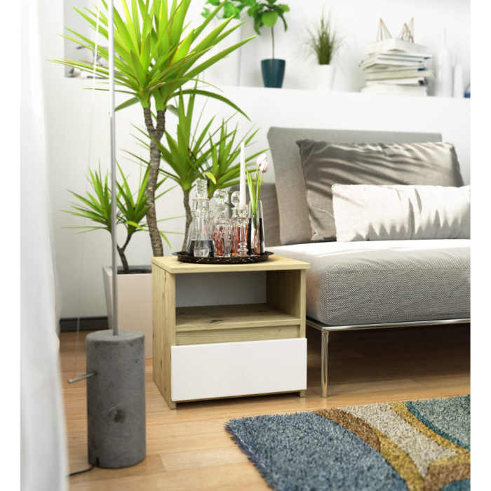 Noptiera cu 1 sertar, PAL laminat 16mm, 40x35x40 cm, stejar artisan si alb [6]