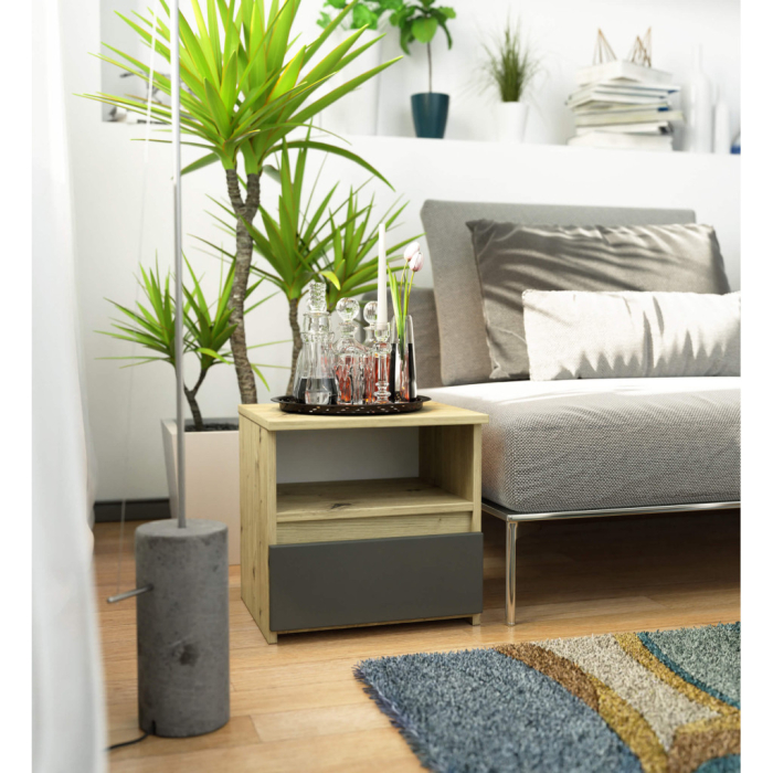 Noptiera cu 1 sertar, PAL laminat 16mm, 40x35x40 cm, stejar artisan si gri [4]