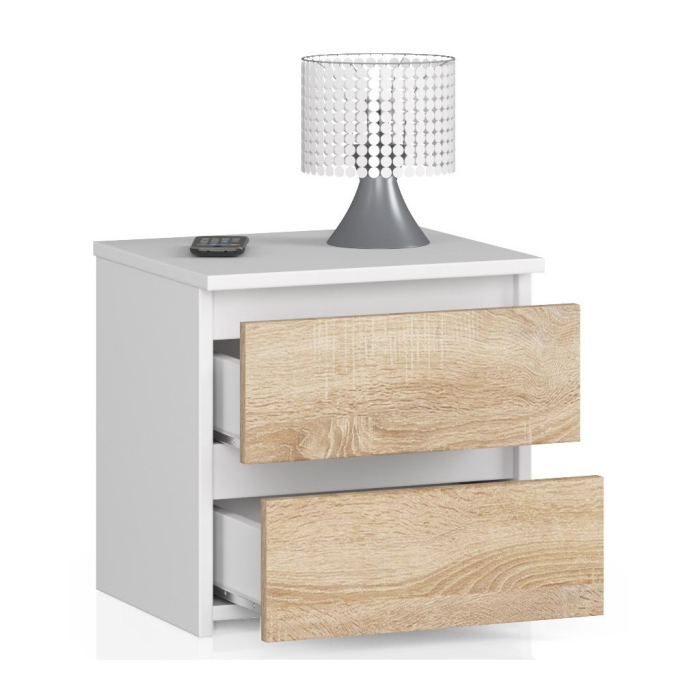 Noptiera cu 2 sertare, din PAL laminat, 40x35x40 cm, alb si stejar sonoma [2]