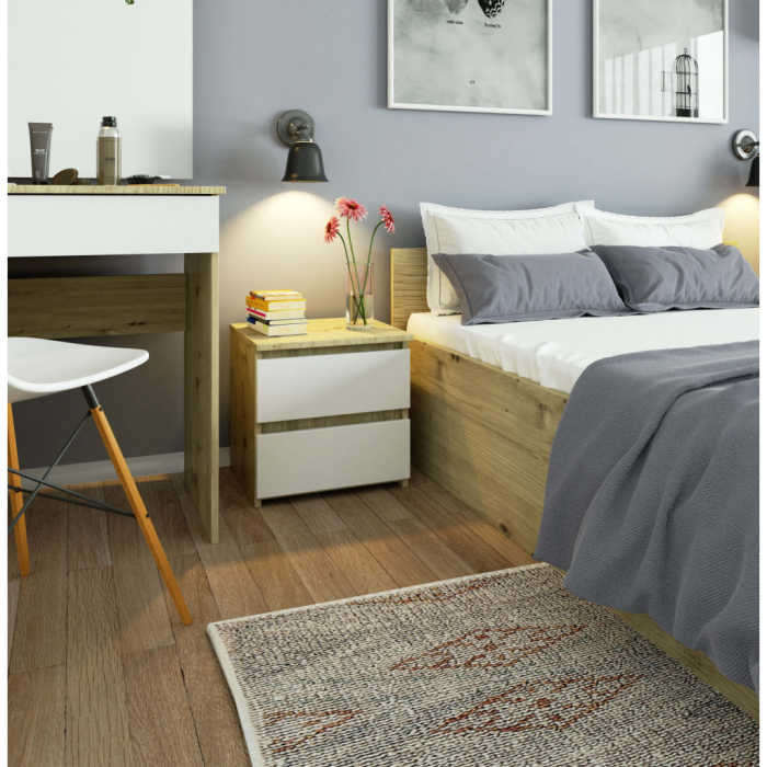 Noptiera cu 2 sertare, din PAL laminat, 40x35x40 cm, stejar artisan si alb [4]