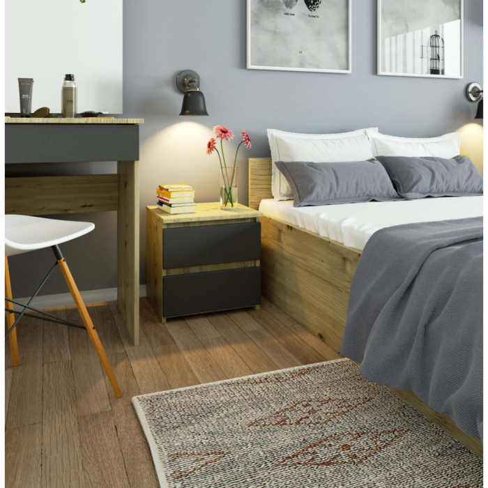 Noptiera cu 2 sertare, din PAL laminat, 40x35x40 cm, stejar artisan si gri [4]