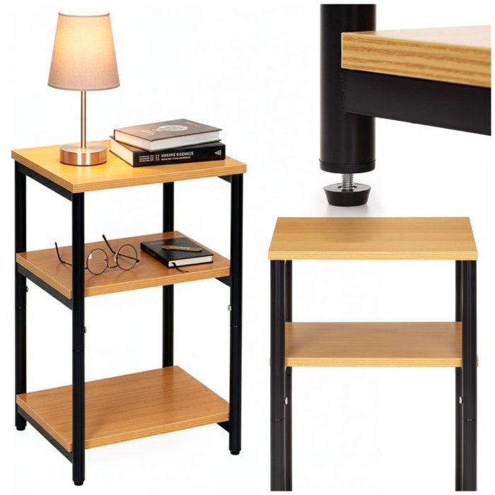 Noptiera cu 3 rafturi din PAL si cadru metalic, 35x31x59 cm, maro natur [3]