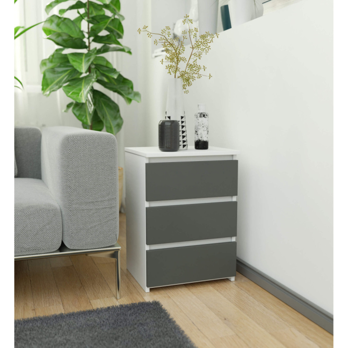 Noptiera cu 3 sertare, PAL laminat 16 mm, 40x35x57 cm, alb si gri [5]