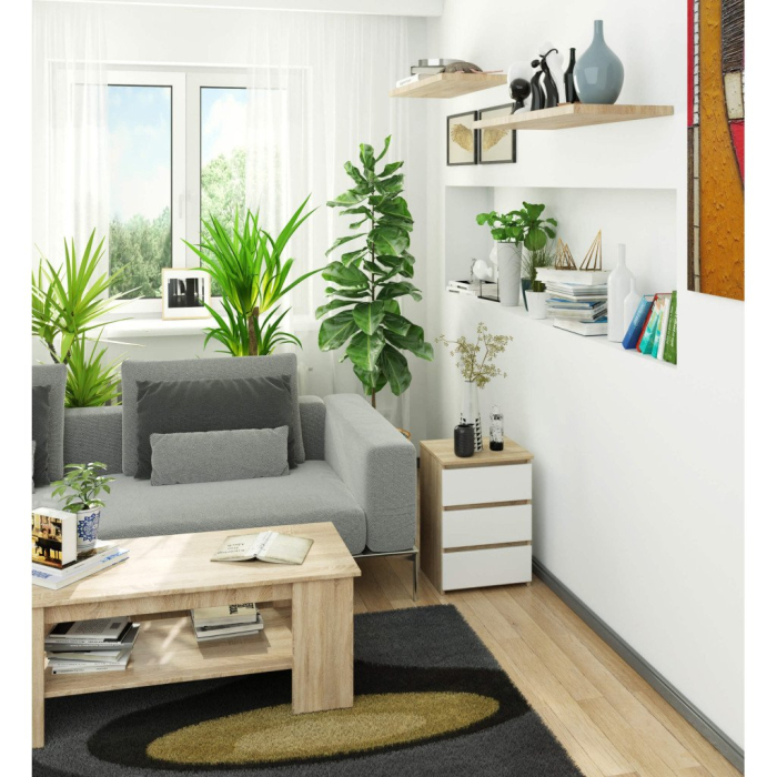 Noptiera cu 3 sertare, PAL laminat 16 mm, 40x35x57 cm, stejar sonoma si alb [5]