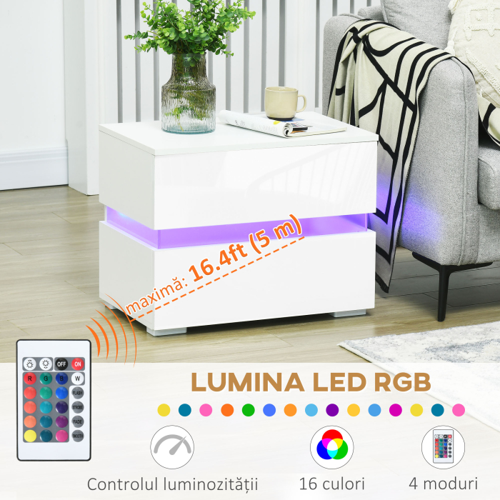  Noptiera cu lumina LED RGB incorporata, 2 sertare, 4 moduri de iluminare si 16 culori, din PAL, 60x39x47cm, Alb [4]