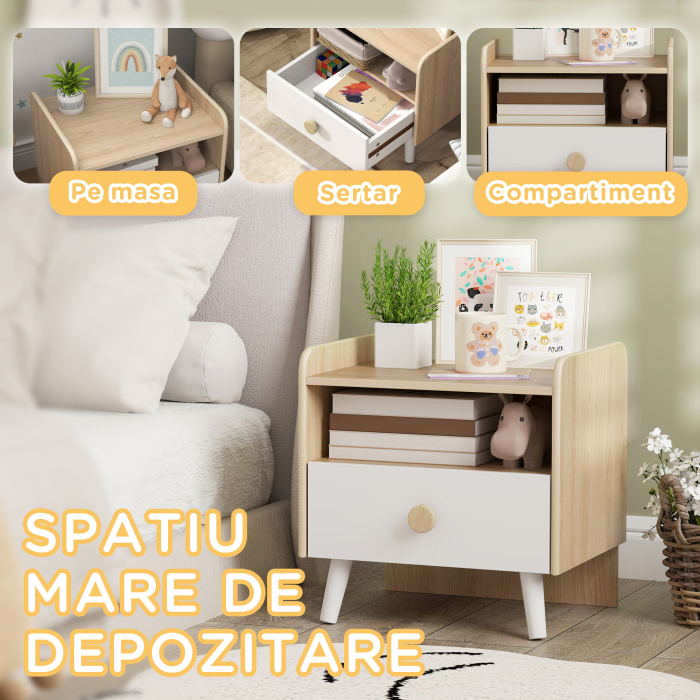 Noptiera cu Sertar pentru Copii 3-10 Ani, cu Design Minimalist pentru Dormitor, 40x32,5x40 cm, Lemn Natural [4]