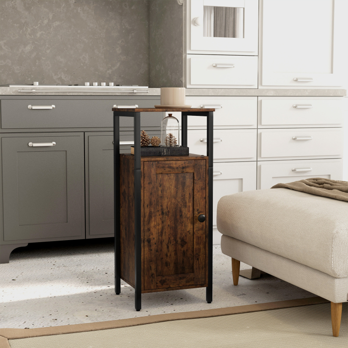  Noptiera in Stil Industrial cu 2 Rafturi Deschise si Raft Interior Reglabil pe 3 Nivele, 34x30x80 cm, Maro Rustic [2]