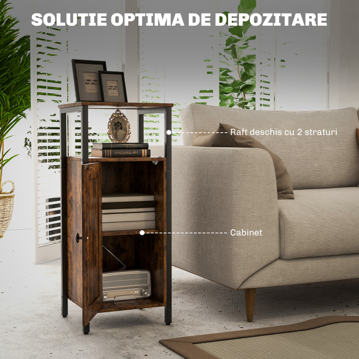  Noptiera in Stil Industrial cu 2 Rafturi Deschise si Raft Interior Reglabil pe 3 Nivele, 34x30x80 cm, Maro Rustic [4]