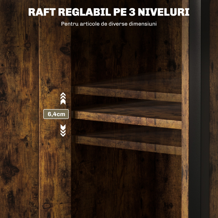  Noptiera in Stil Industrial cu 2 Rafturi Deschise si Raft Interior Reglabil pe 3 Nivele, 34x30x80 cm, Maro Rustic [5]