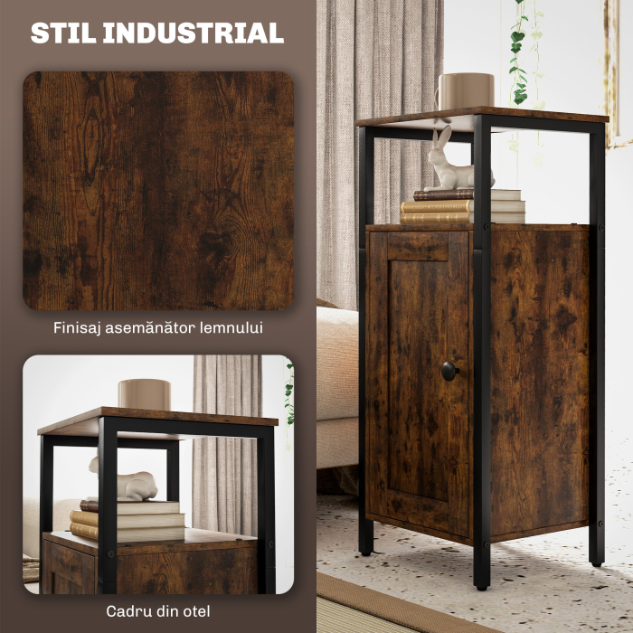  Noptiera in Stil Industrial cu 2 Rafturi Deschise si Raft Interior Reglabil pe 3 Nivele, 34x30x80 cm, Maro Rustic [6]