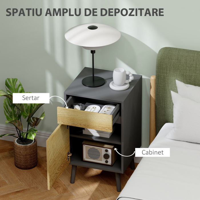  Noptiera Moderna cu Sertar si Dulapior fara Manere Gri inchis [4]