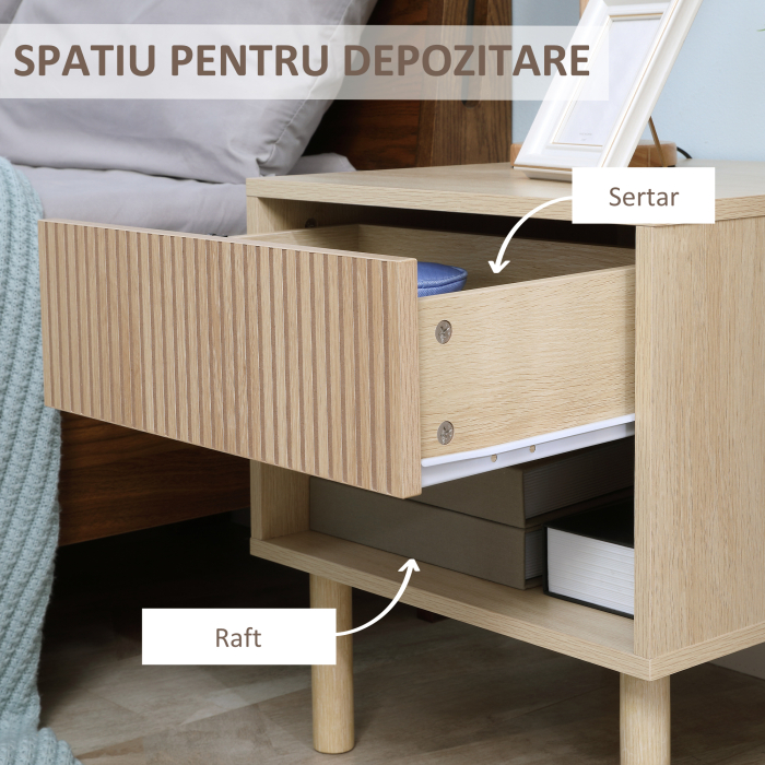  Noptiera moderna, cu sertar si raft, masuta laterala pentru camera de zi, dormitor, natural [5]