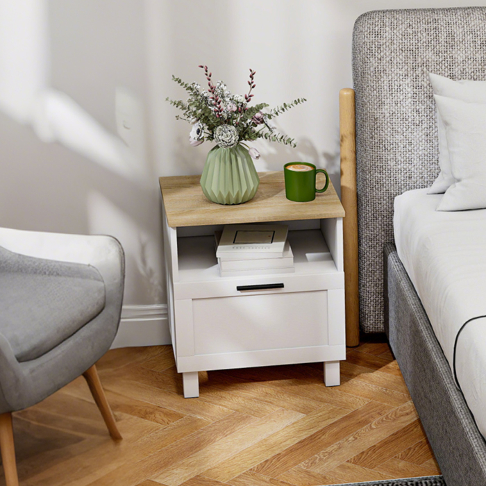  Noptiera Moderna Minimalista cu Sertar si Raft Deschis, din Lemn, 45x38x50 cm, Alb si Lemn Natural [9]