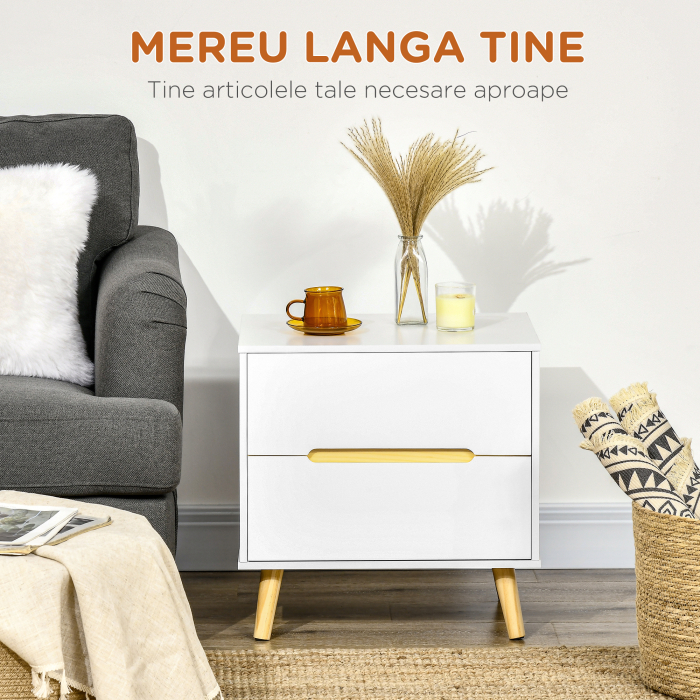  Noptiera moderna , noptiera cu 2 sertare, masuta laterala cu picioare din lemn masiv pentru living, dormitor, alb [4]