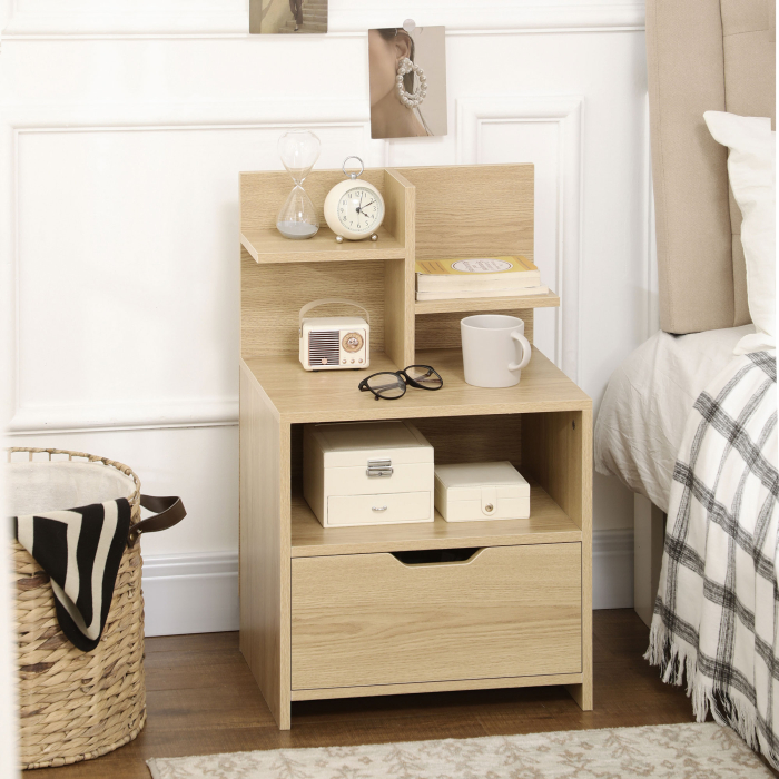  Noptiera moderna, Noptiera cu sertar si rafturi de depozitare, masuta pentru sufragerie, dormitor, natural [8]