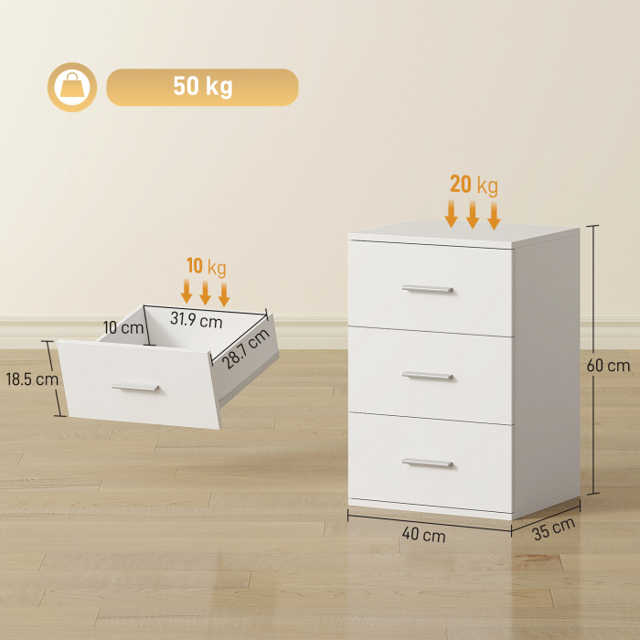  Noptiera pentru Dormitor cu 3 Sertare, Stil Modern din Lemn, Masuta pentru Canapea, Sufragerie, Living si Dormitor, 40x35x60 cm, Alb [3]