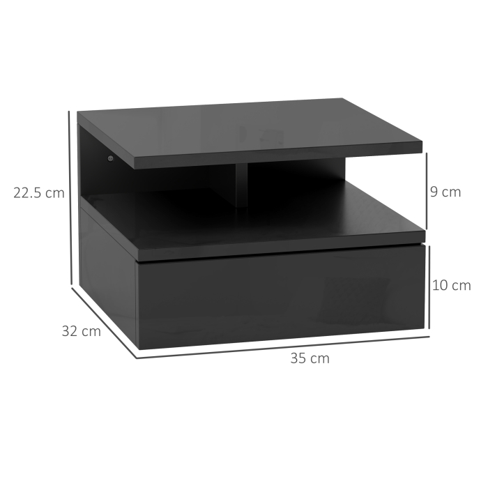  Noptiera Suspendata pentru Dormitor cu Sertar si Raft Deschis din Lemn, 35x32x22,5 cm, Negru Lucios [3]