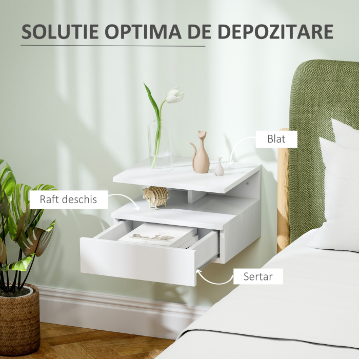  Noptiera Suspendata pentru Dormitor cu Sertar si Raft din Lemn, 35x32x22.5cm, Alb [5]