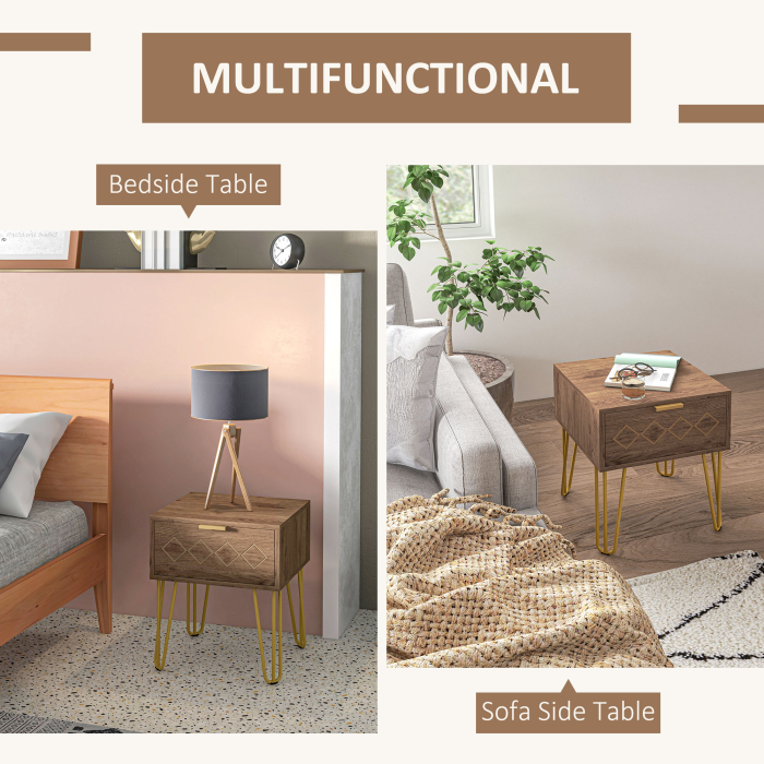  Noptiere Moderne Set 2 Bucati din PAL si Otel cu Sertar, 39.5x41x49 cm, Maro [4]