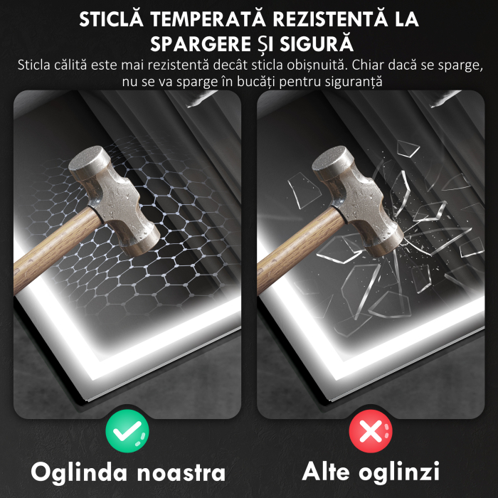  Oglinda Baie cu LED, Antiaburire si Boxa Bluetooth, 80x100 cm, Touch si Functie Memorie [8]