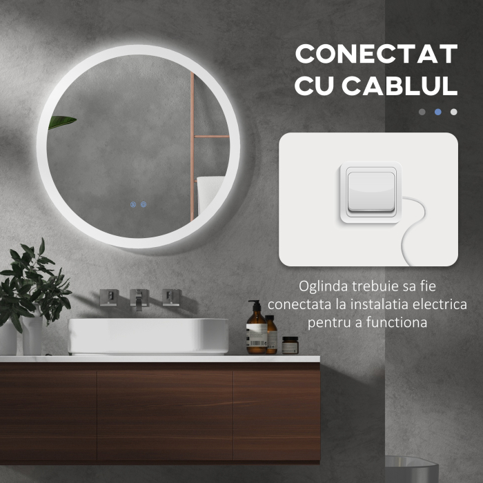  Oglinda Baie LED Anti-aburire cu 3 Culori si Luminozitate Reglabila, din Metal si Sticla, Ø70x3 cm [8]