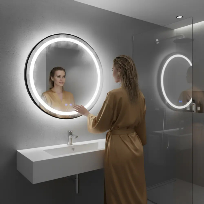 Oglinda baie LED rotunda cu functie anti-aburire, iluminare reglabila cu control tactil, 60 cm, negru [2]