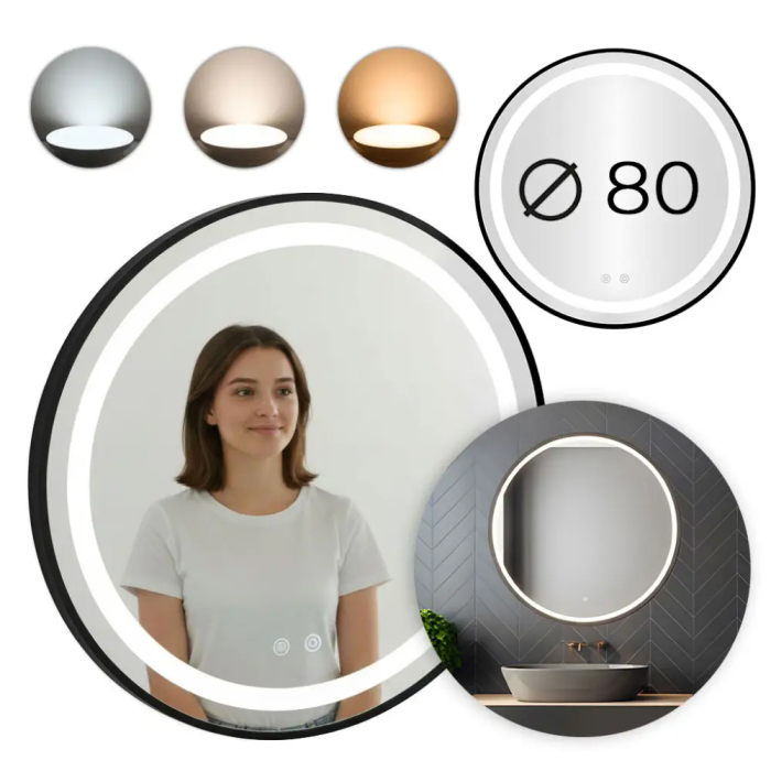 Oglinda baie LED rotunda cu functie anti-aburire, iluminare reglabila cu control tactil, 80 cm, negru [2]